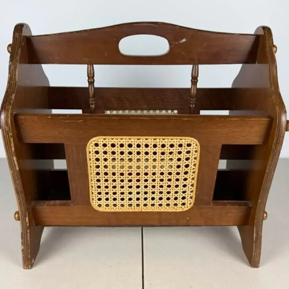 Vintage Wood Magazine Rack with Cane Panel 16”x8 3/4”x15 1/2”